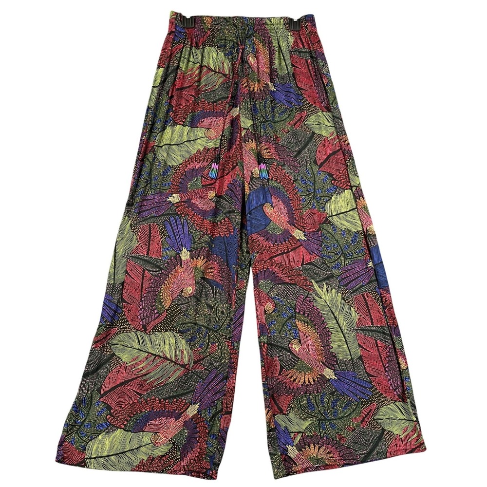Rachel Zoe Wide Leg Pants Womens S Tropical Bird Print Beaded Tassel Summer